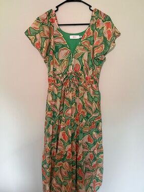Greylin Green & Coral Floral Tie-Waist Midi Dress